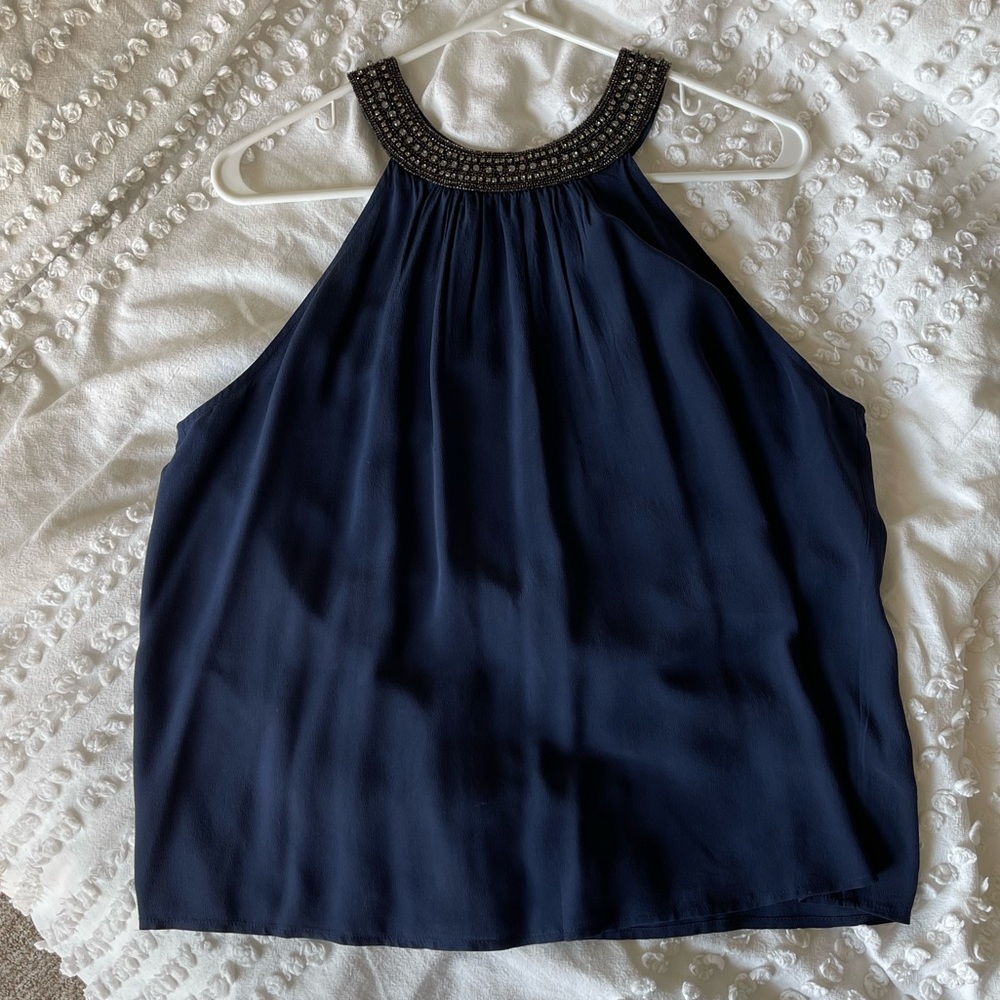 Joie | Embellished Silk Navy Drapey Tank with Beaded, Halter High Neckline ✨
